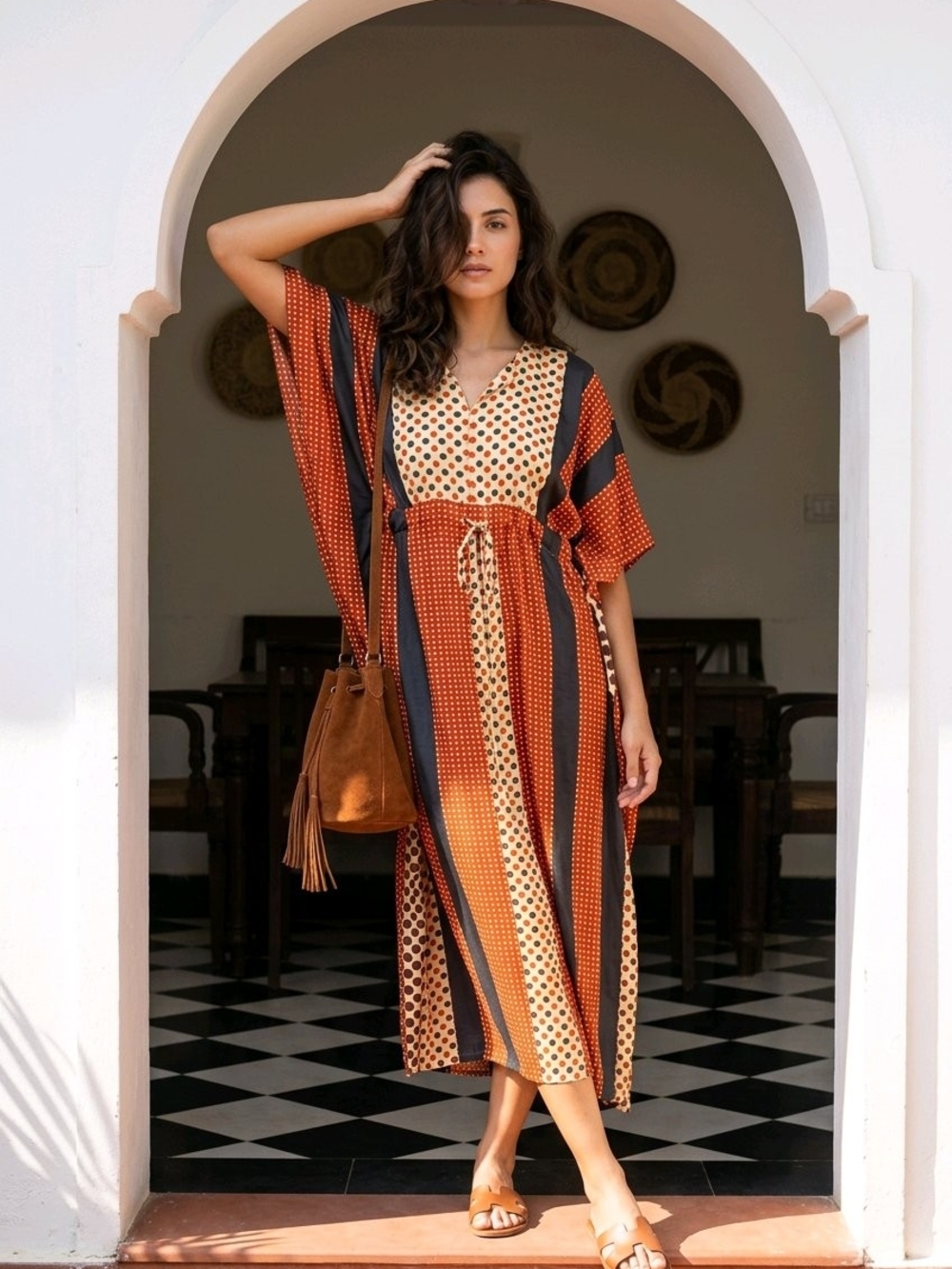 Boho Stripe & Dot V-Neck Maxi Dress in Rust. Vintage 1970s